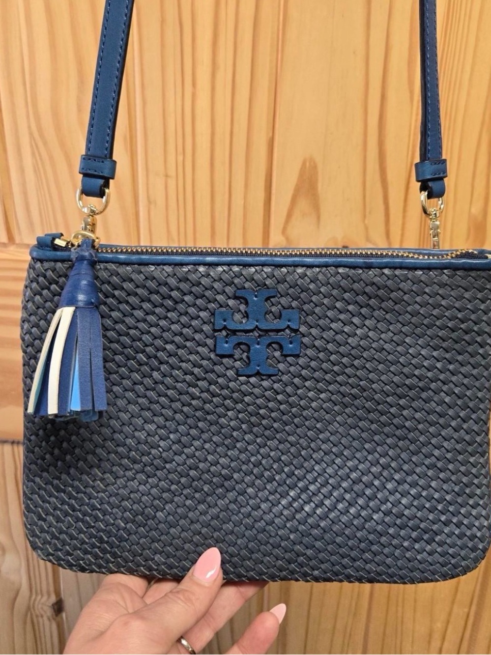 Tory Burch Navy Woven Leather Crossbody - Picture 3 of 8